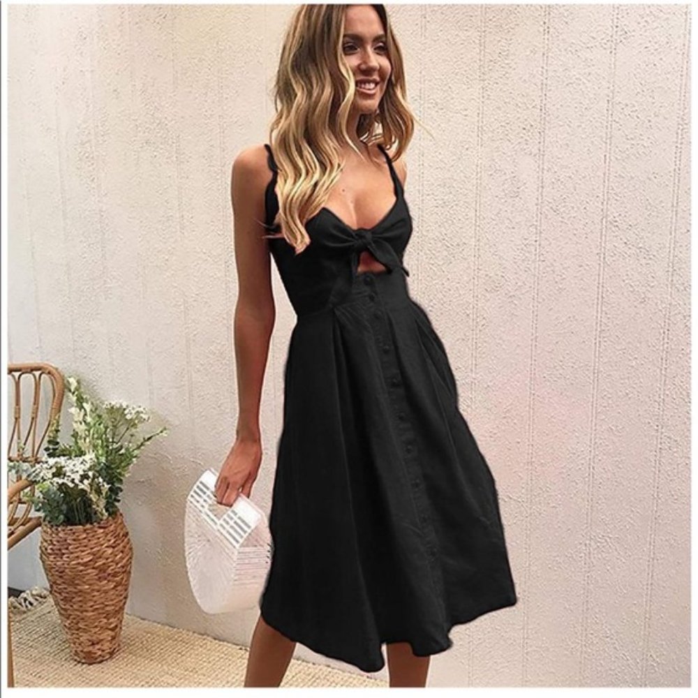 Tie Front V-Neck Spaghetti Strap Button Down Dress